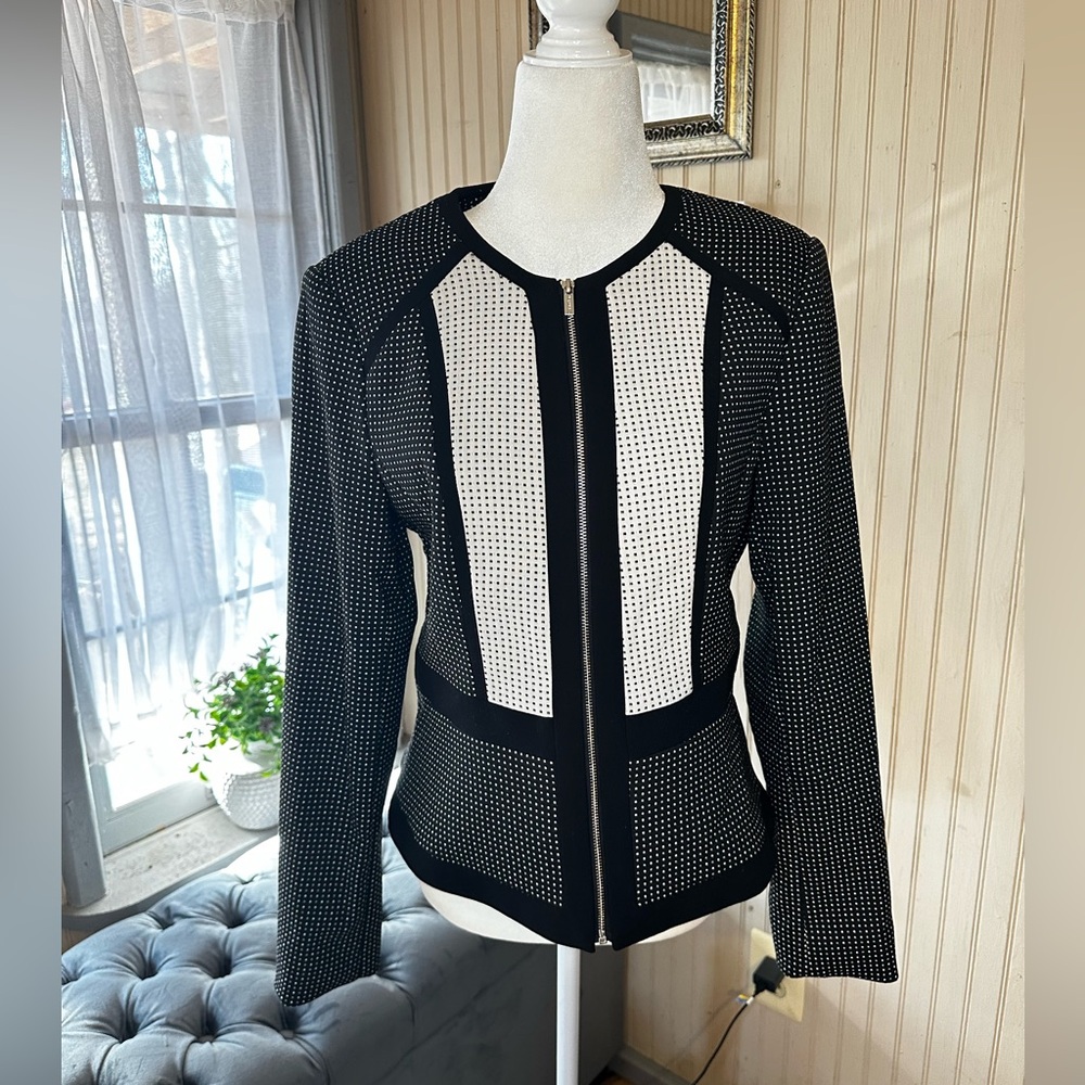 Calvin Klein Jacket Womens 8 Black White Polka Dot Zip Front Blazer Career